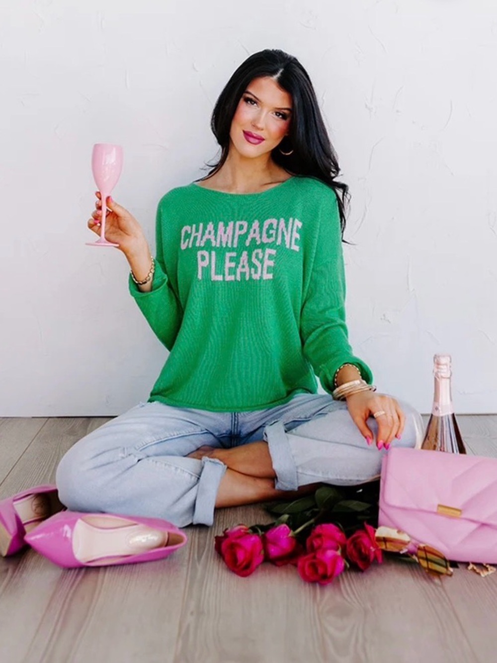 Miracle Green 'Champagne Please' Crew Neck Sweater NWOT